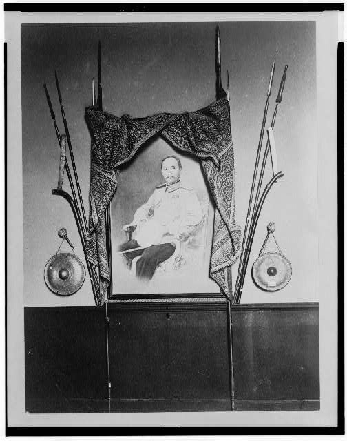 [Display with portrait of a man, possibly Chulalongkorn,...