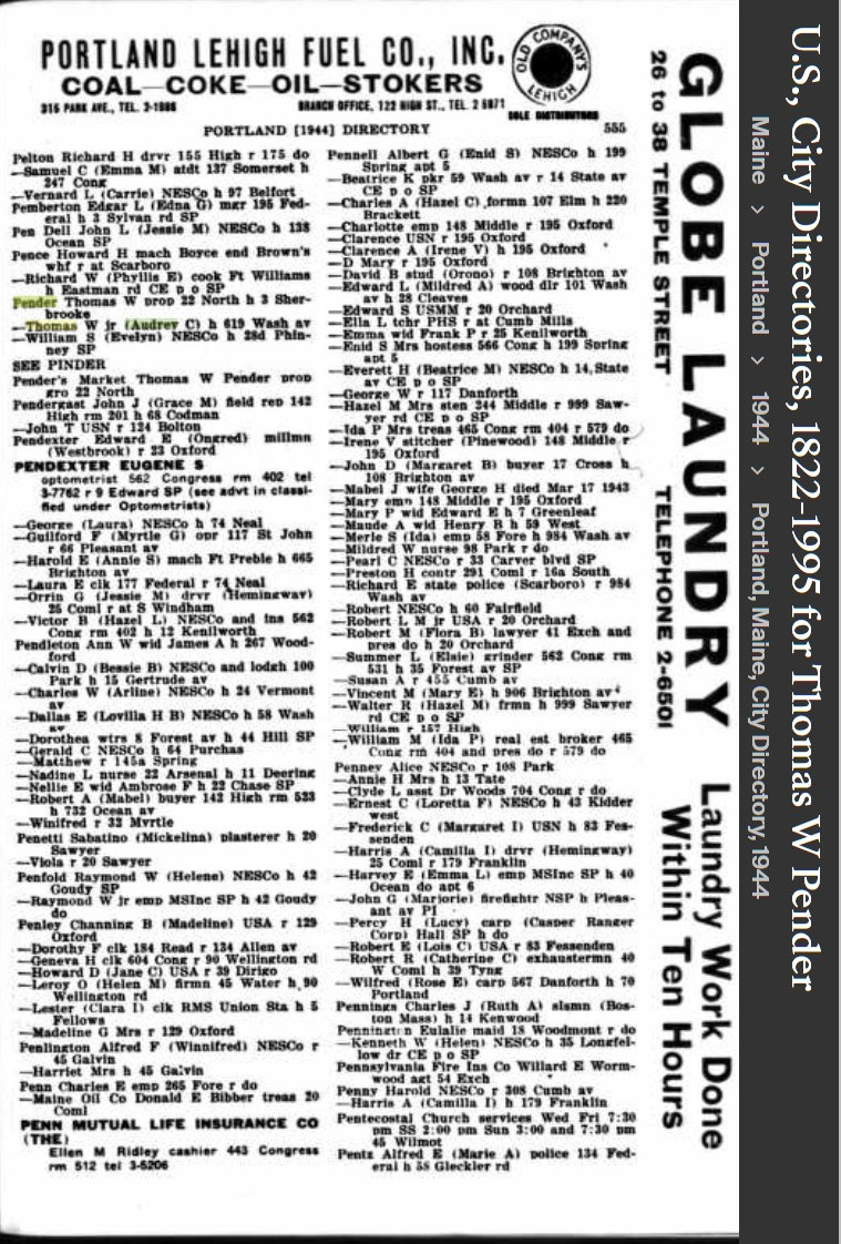 Thomas William Pender Sr --U.S., City Directories, 1822-1995(1944)