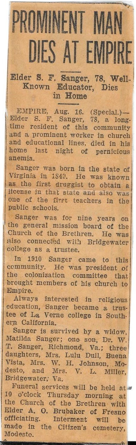 Obituary for Elder Samuel F. Sanger, my Great Grandfather