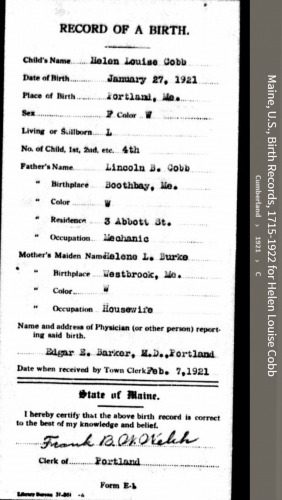 Helen Louise Cobb-McSween --Maine, U.S., Birth Records, 1715-1922(1921)