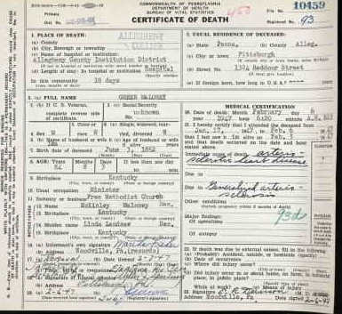 Greenberry Maloney Death Certificate