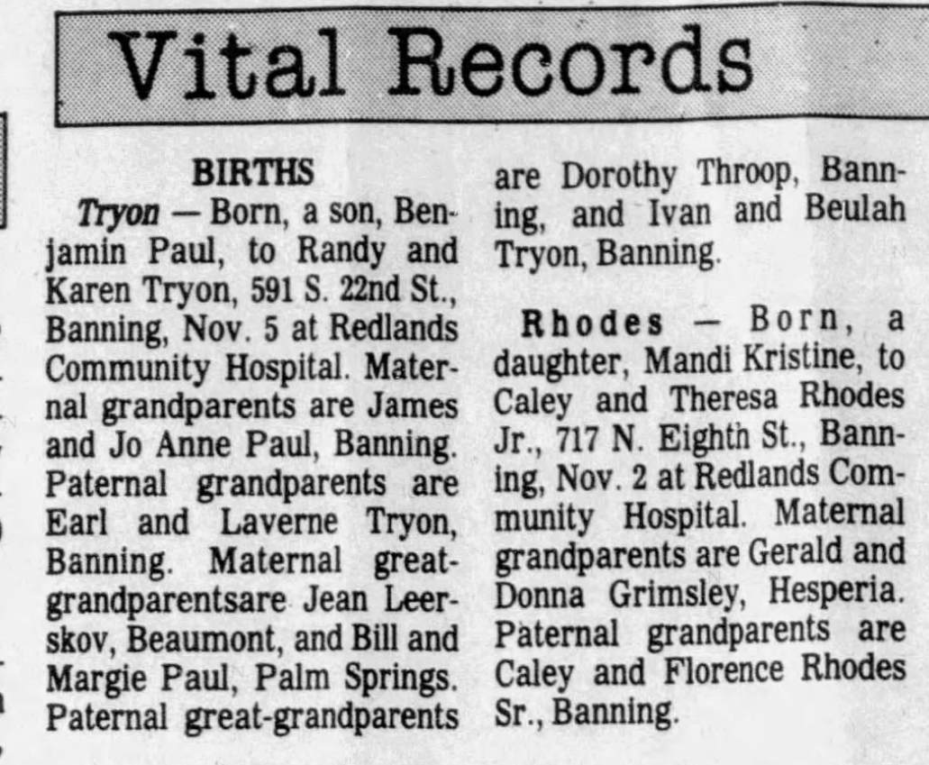 Benjamin Paul Tryon - Birth Announcement