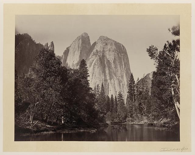 [Cathedral Rocks, with lake and trees in foreground,...