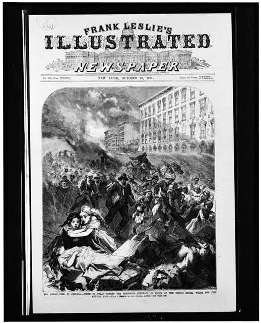 The Great fire at Chicago. Scene in Wells Street - the...