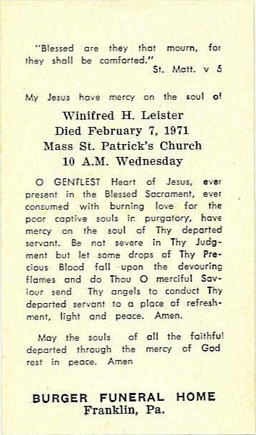 Winifred Henrietta Streicher funeral card