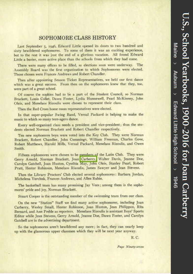 Joan Elizabeth (Carberry)Connellan--U.S., School Yearbooks, 1900-2016(1946)Sophmore
