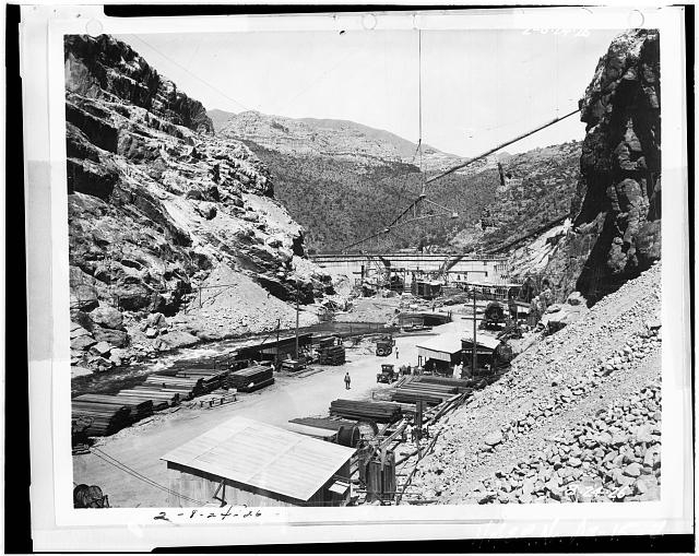 7. VIEW OF CONSTRUCTION CAMP DOWNSTREAM OF DAM SITE...