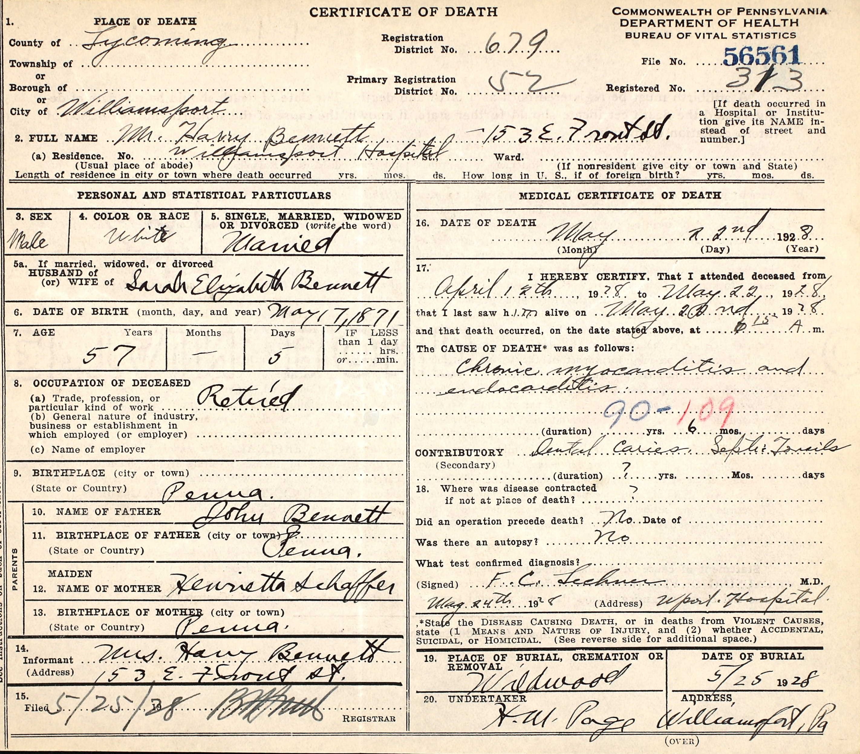 Harry Clay Bennett death certificate