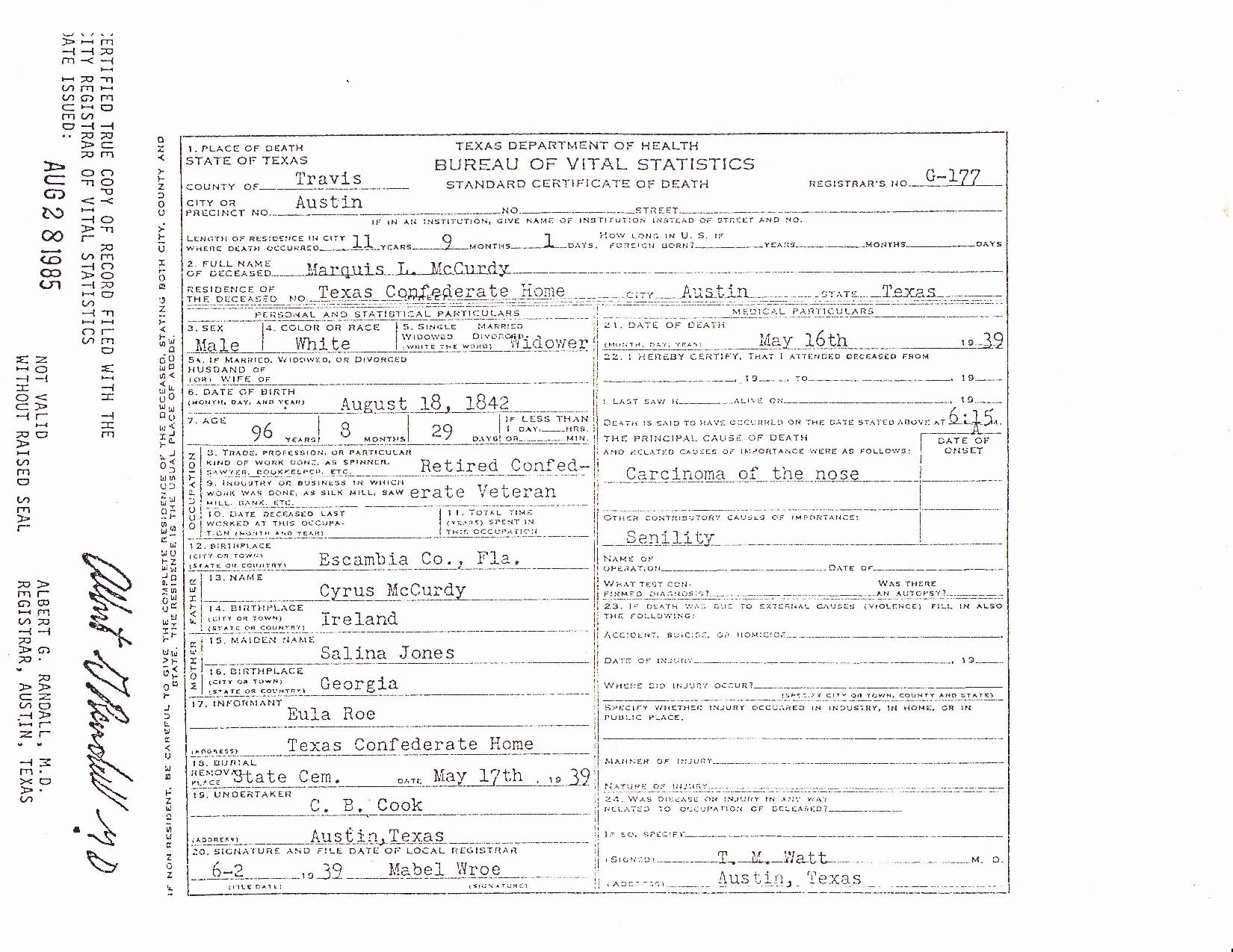 M.l. McCurdy Death Certificate