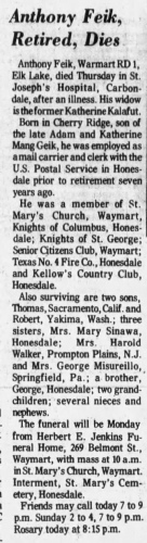 Anthony Feik, Retired, Dies