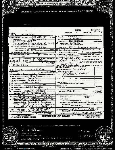Pearl Condley Ross Death Certificate , 1945 CA
