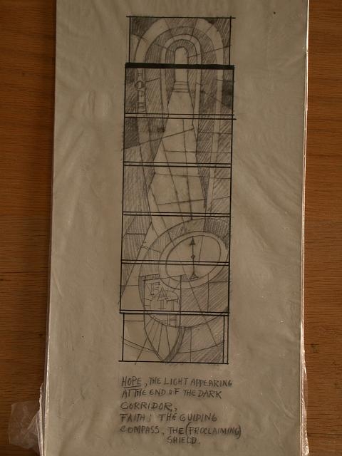 [Design drawing for stained glass window with themes...