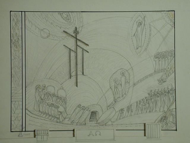 [Design drawing for mural showing Feed My Sheep, large...