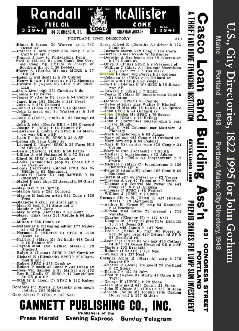 John Stephen Gorham Sr--U.S., City Directories, 1822-1995(1943)