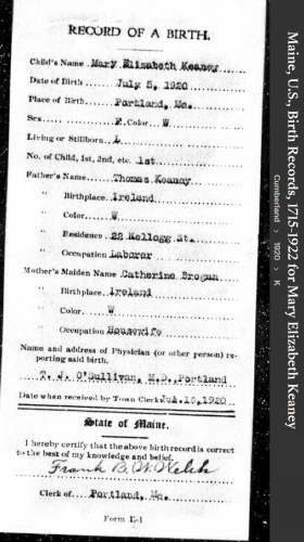 Mary Elizabeth Keaney-Welch-DePaulo--Maine, U.S., Birth Records, 1715-1922(1920)