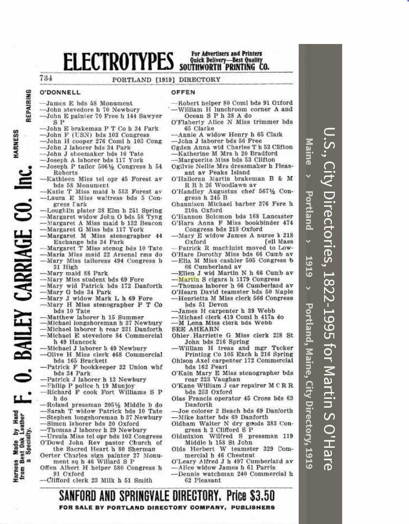 Martin Scanlan O'Hare --U.S., City Directories, 1822-1995(1919)