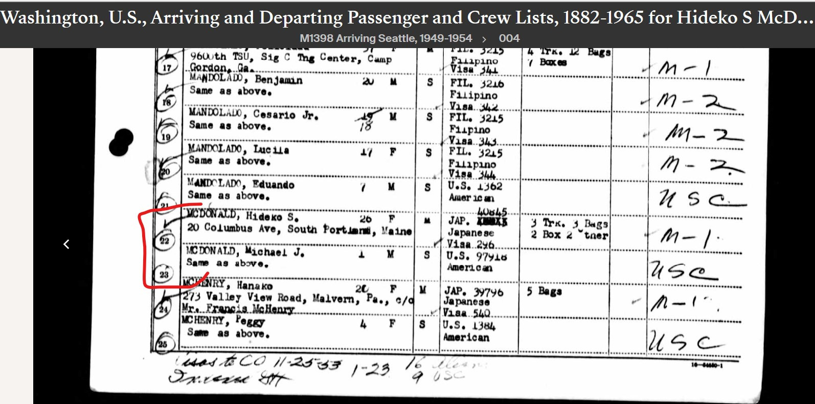 Hideko Sasaki-McDonald--Washington, U.S., Arriving and Departing Passenger and Crew Lists, 1882-1965(1953) a