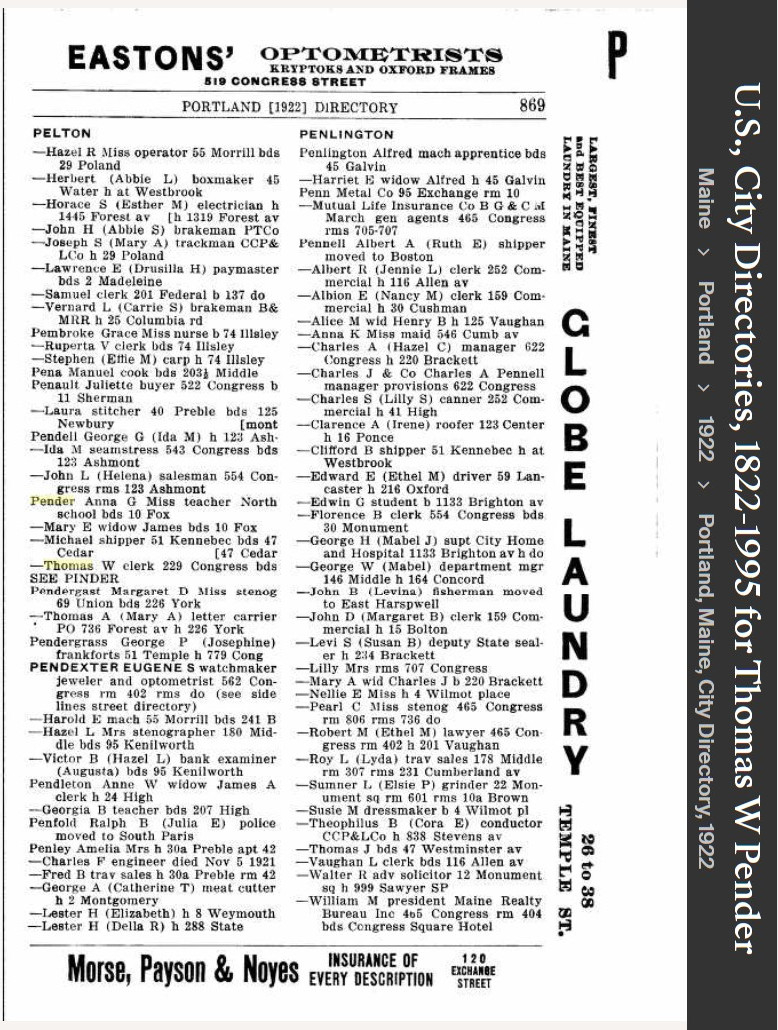 Thomas William Pender Sr --U.S., City Directories, 1822-1995(1922)