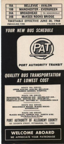 RARE PITTSBURGH "BUS" SCHEDULE FOR THE #19A BELLEVUE-AVALON SHUTTLE