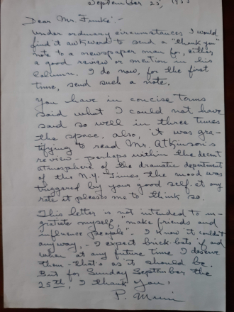 Paul Muni handwritten letter. New York Times. 1955