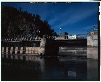 Overflow gate from up river, view to west - Milltown Dam,...