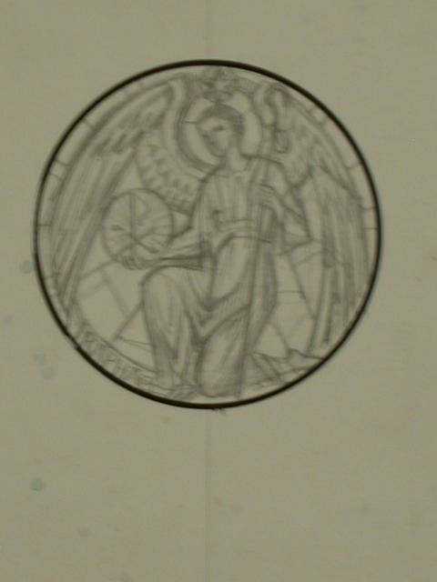 [Design drawing for stained glass window with archangel...