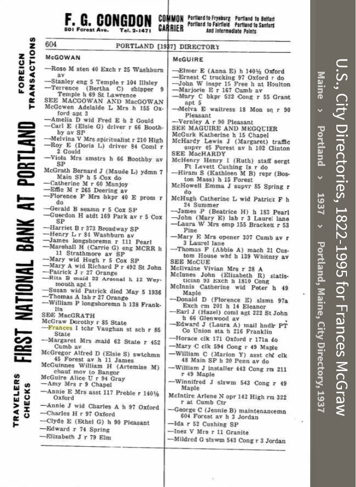Frances Irene (Connellan) McGraw--U.S., City Directories, 1822-1995(1937)