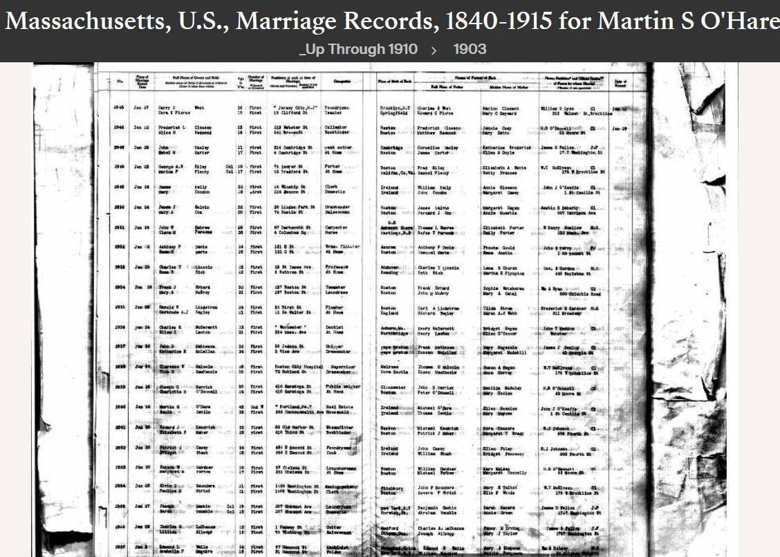 Martin Scanlan O'Hare to Annie M Devlin--Massachusetts, U.S., Marriage Records, 1840-1915(1903)