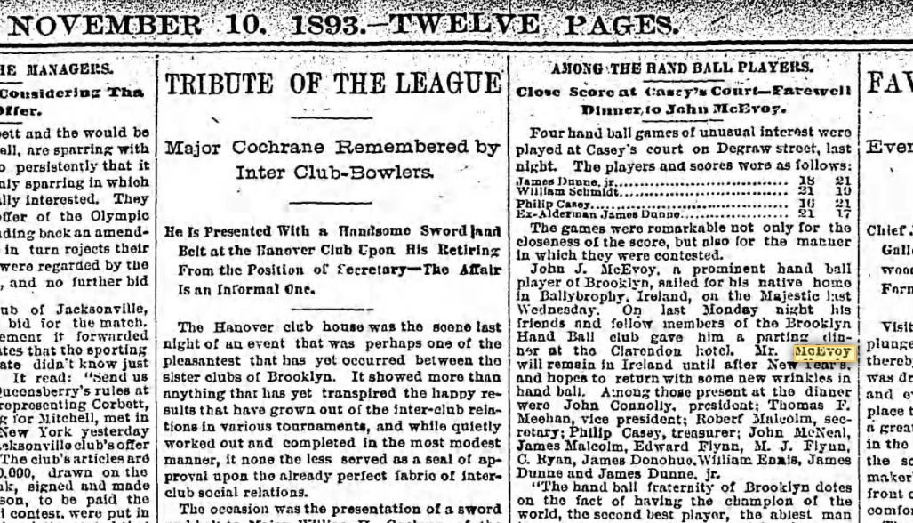 Thomas F Meehan at farwell dinner for John McEvoy 1893