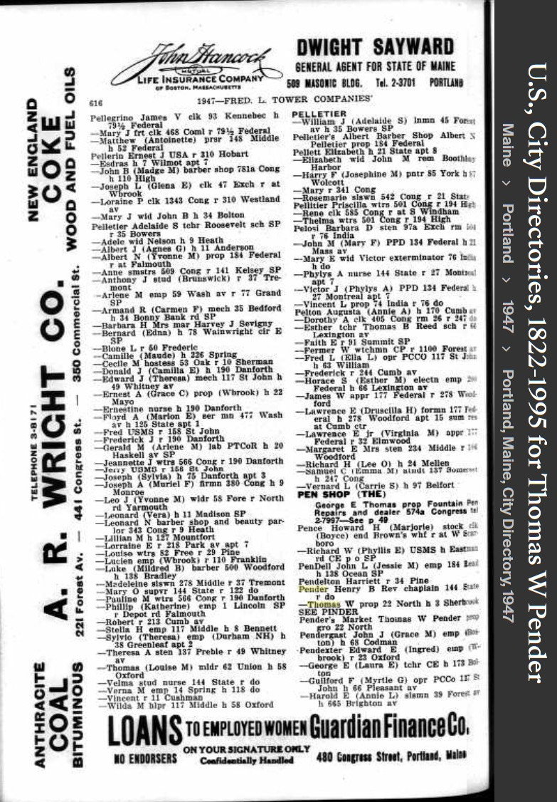 Thomas William Pender Sr --U.S., City Directories, 1822-1995(1947)