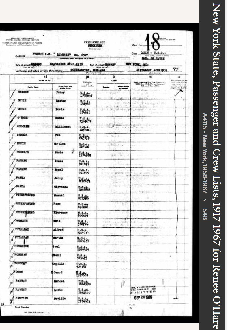 Renee H Georgette-O'Hare--New York State, Passenger and Crew Lists, 1917-1967(22 SEP 1959)
