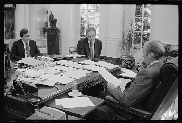 [President Gerald Ford with staff in his office at the...