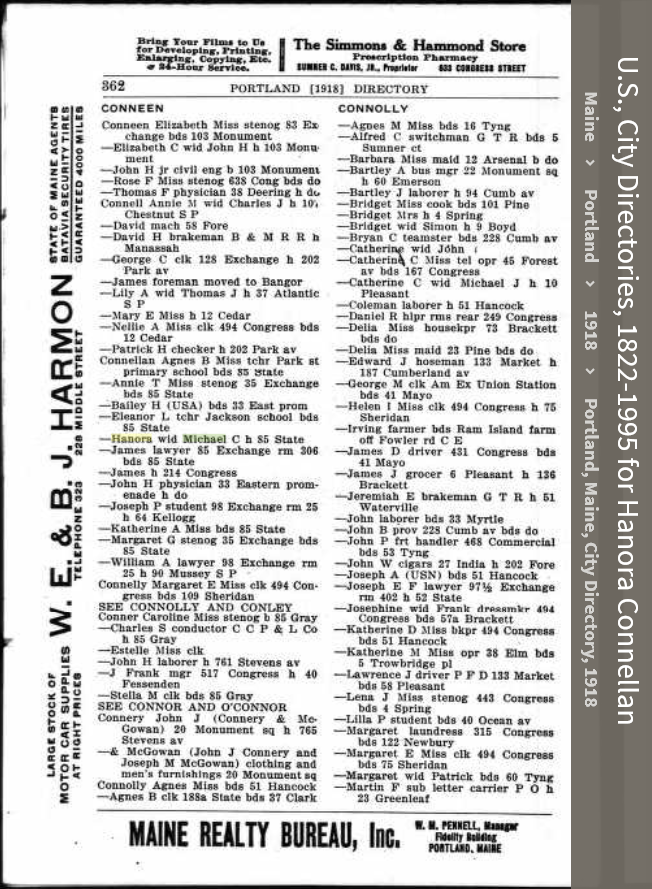 Honora (Hehir) Connellan--U.S., City Directories, 1822-1995(1918)