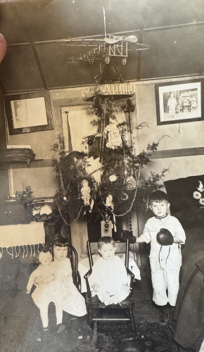 Vintage Christmas - boys with boxing gloves & girl with doll; hanging toy airplane