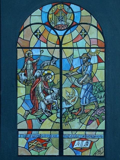 [Design drawing for stained glass window with text "I Am...