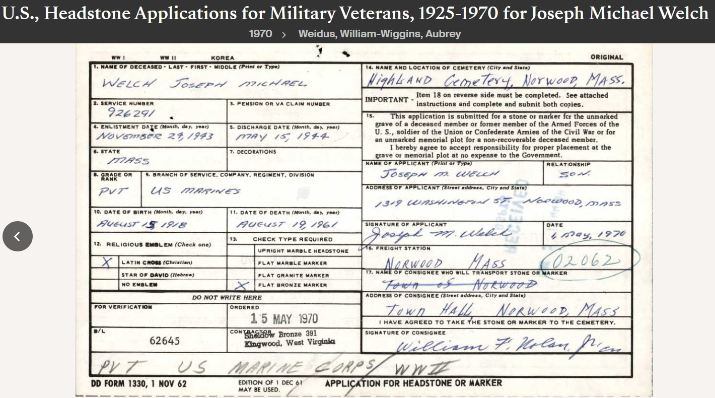 Joseph Michael Welch --U.S., Headstone Applications for Military Veterans, 1925-1970(1970)