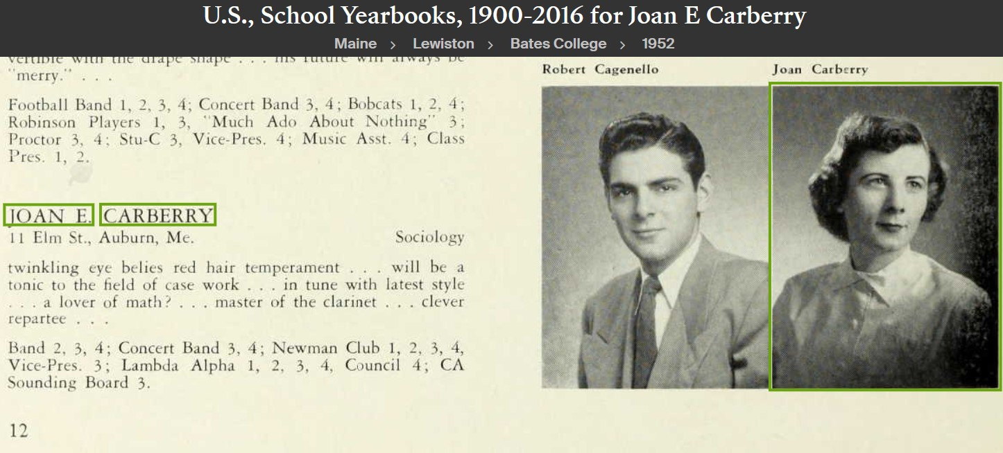 Joan Elizabeth (Carberry) Connellan--U.S., School Yearbooks, 1900-2016(1952)