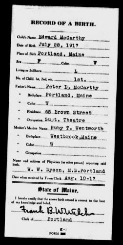 Edward Francis McCarthy-- Maine 1917 Birth Record