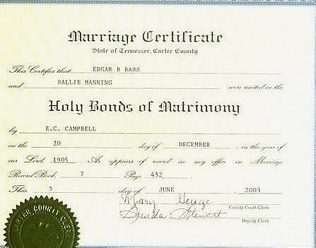 Marriage Certificate Sallie Manning & EdgarB. Bass