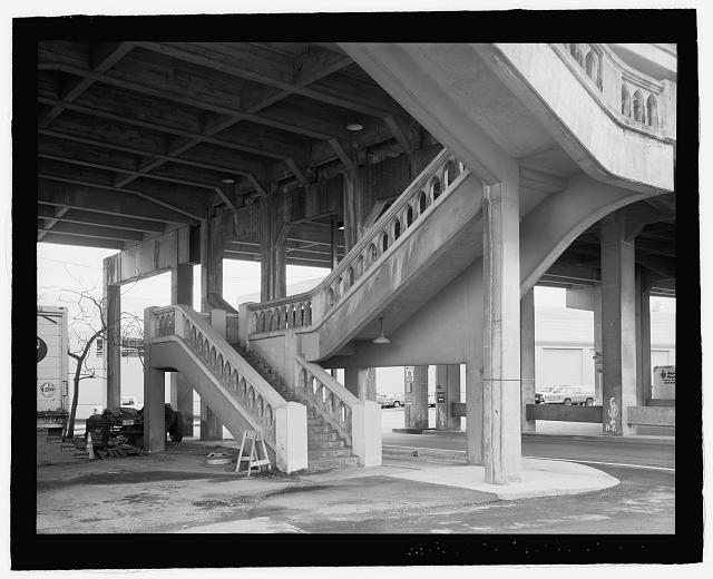Detail view of stairwell on west side of the structure,...