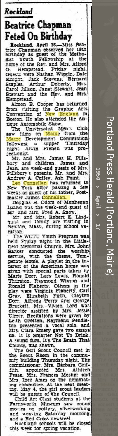 Leo Richard Connellan--Portland Press Herald(Portland, Maine)(17 Apr1950)