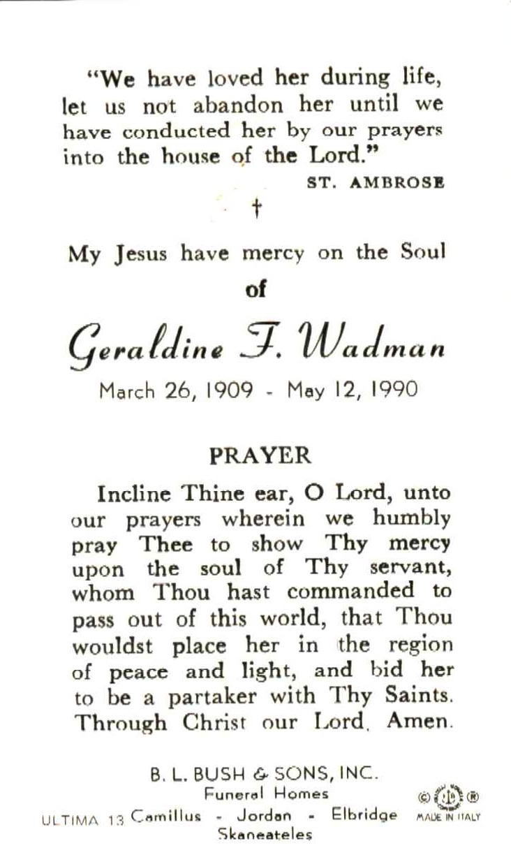 Geraldine F Wademan funeral card