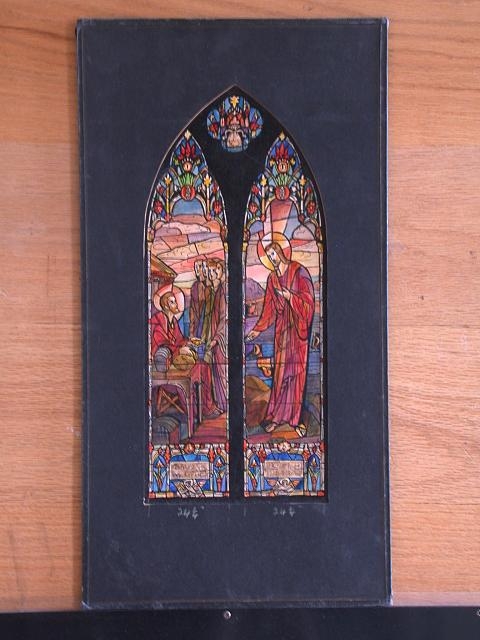 [Design drawing for stained glass window, 3-light pointed...