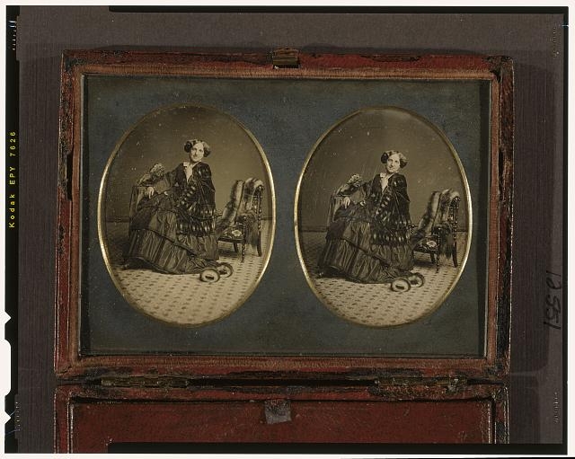 [Stereograph of unidentified woman, full-length, facing...