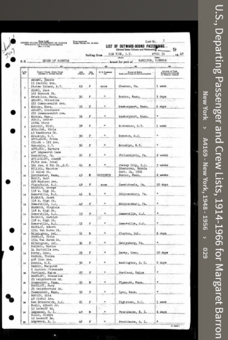 Margaret Theresa Barron--U.S., Departing Passenger and Crew Lists, 1914-1966