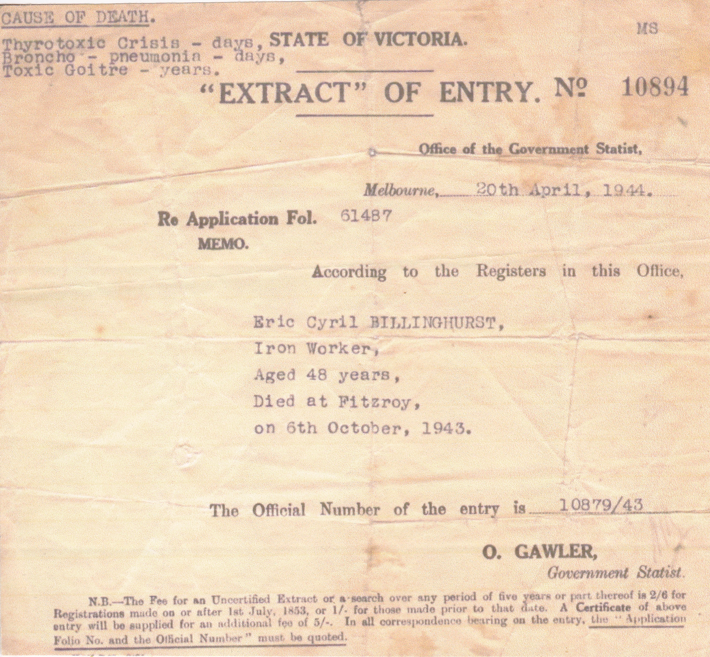 Eric Cyril Billinghurst death certificate
