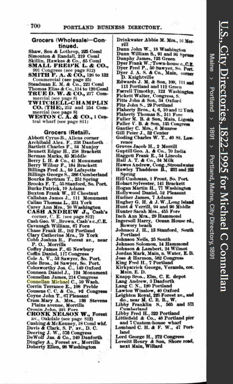 Michael Charles Connellan--U.S., City Directories, 1822-1995(1891)