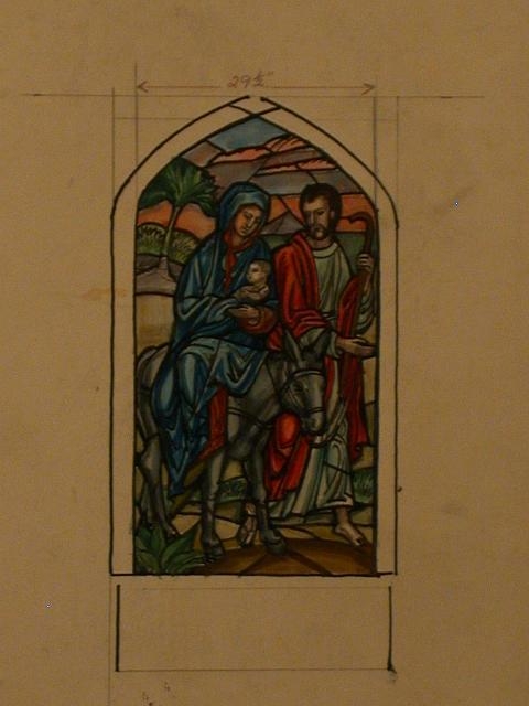 [Design drawing for stained glass window with Flight into...