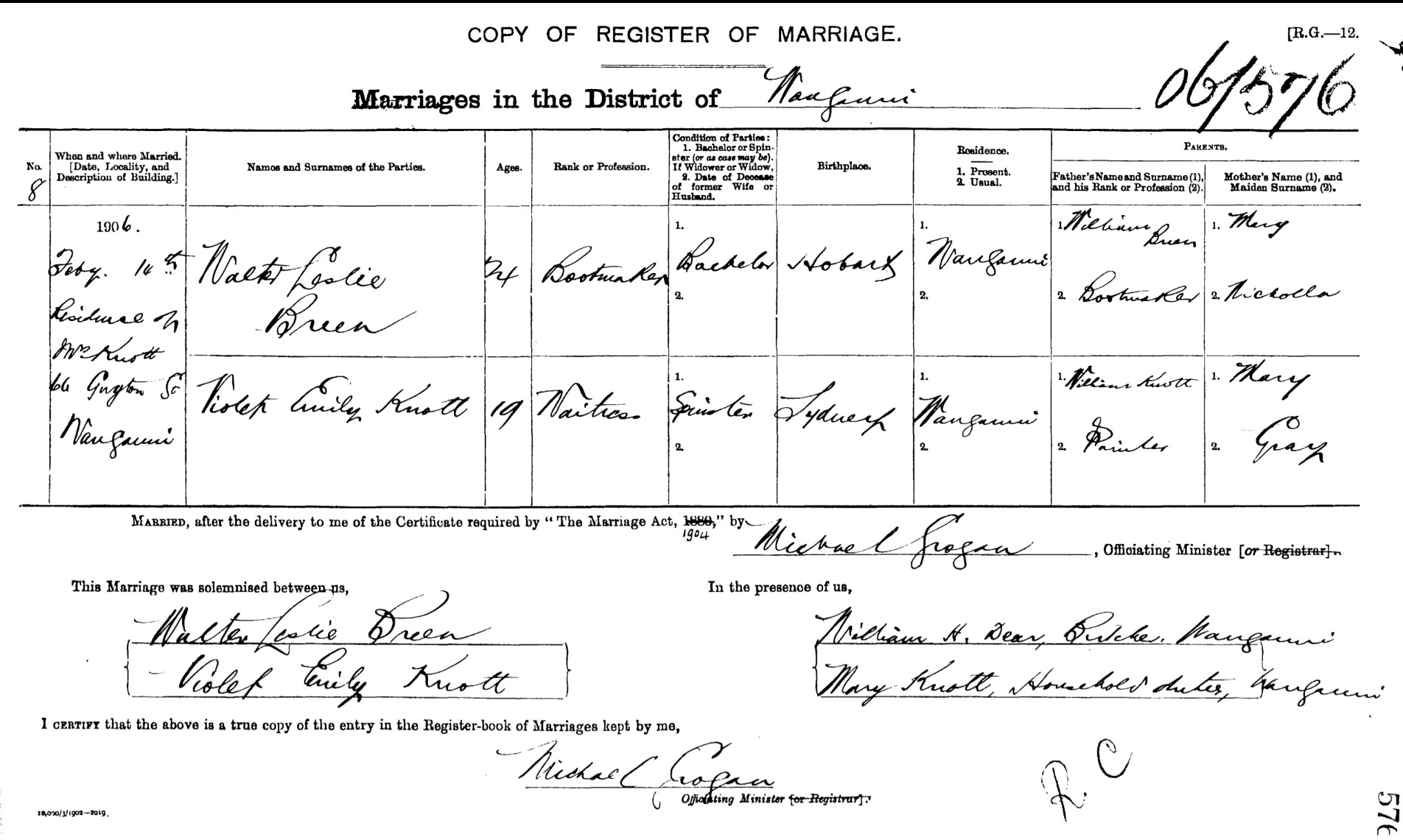 Walter & Violet Breen marriage license