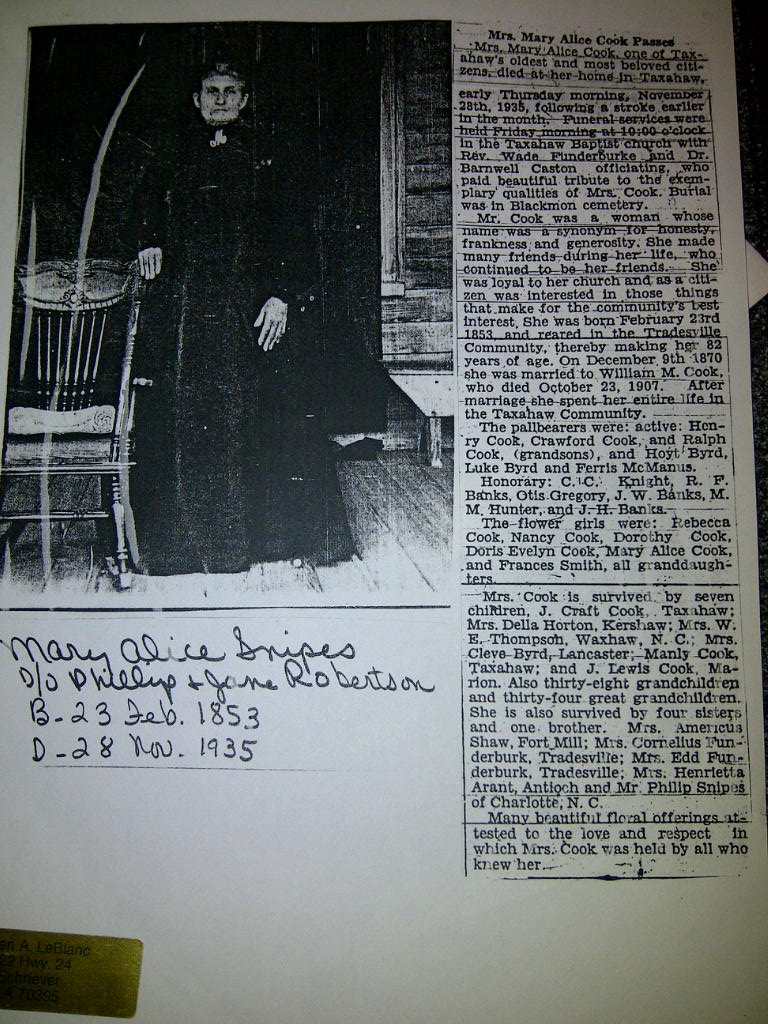 Picture and Obituary, Mary Alice Snipes Cook